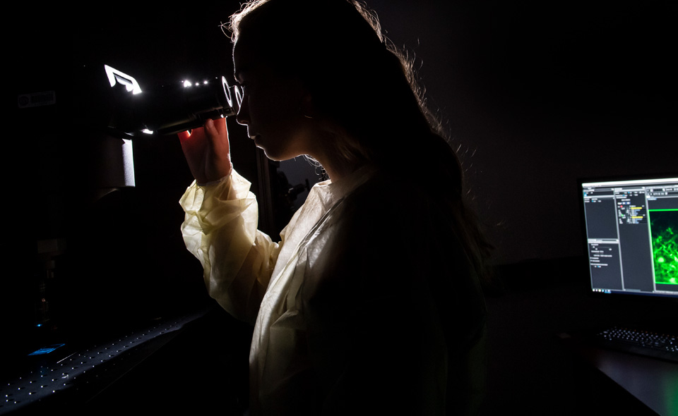 woman researcher at a microscope